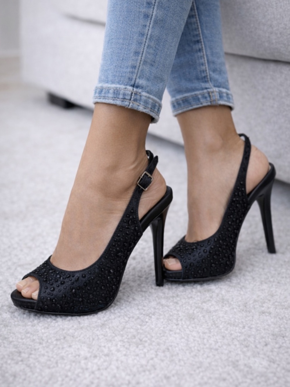 Fergie Hermosa Black Satin Beaded Spiked Slingback Peeptoe Pumps Heels